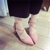 夏季新款尖头高跟鞋中跟女式甜美粉色单鞋粗跟绑带百搭凉鞋34-40