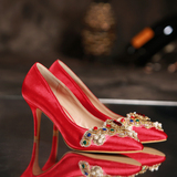 2016春季婚鞋新娘鞋红色中跟手工金色蕾丝红色高跟鞋水晶鞋新娘鞋