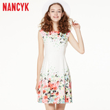 Nancyk2016夏装新品碎花中长款收腰淑女无袖圆领连衣裙