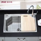 普尔特不锈钢水槽单槽套餐 厨房304拉丝水斗 一体成型加厚洗菜盆