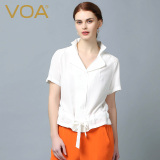 VOA欧版纯色真丝上衣 显瘦双绉衬衣立领丝绸短袖女衬衫夏B6100