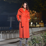 2015冬装韩版超长款羊绒大衣女修身显瘦长款过膝毛呢外套橘红大衣