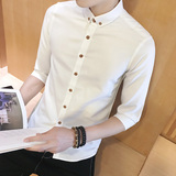 JREKA 白衬衫男七分袖修身款韩版休闲免烫衣服夏季潮男中袖短衬衣