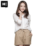 H:CONNECT韩版时尚女装马卡龙色V领七分袖全棉衬衫2016夏季新款