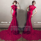 新款影楼主题服装婚纱韩版复古红色蕾丝鱼尾车模演出礼服写真拍照