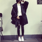 2016年秋季新款韩版中长款连帽拉链宽松大码黑色学生风衣女士外套