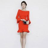 2016新款春装连衣裙红色喇叭袖修身包臀一字领名媛韩版气质女装