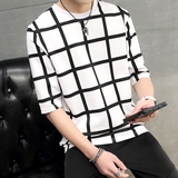 夏季格子T恤男短袖韩版青年圆领套头打底衫修身型男士潮半袖体恤