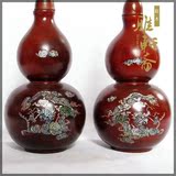 正品红木工艺品 实木雕刻 花梨木质镶嵌贝壳葫芦花瓶风水客厅摆件
