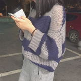 韩国2016秋季薄款宽松套头条纹时尚毛衣镂空蝙蝠袖毛衣针织衫女潮