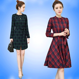 秋装新款韩版品牌女装长袖系带连衣裙 2016收腰显瘦时尚格子A字裙