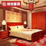 新中式全实木床 雕花成人双人床储物高箱床简约婚床古典榆木大床
