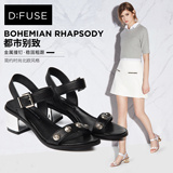 D：Fuse/迪芙斯2016夏季新款牛皮复古铆钉金属高跟粗跟女鞋潮凉鞋