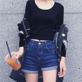 2016秋装性感打底衫女韩国纯棉修身短款上衣露脐装黑色长袖T恤女
