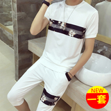 夏季男士七分裤短袖套装男休闲运动学生男装韩版修身青年T恤男潮