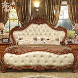 欧式床深色 美式全实木床雕花双人1.8米新古古典橡木真皮婚床家具