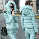 艾莱依2015冬装新款女装韩版时尚休闲羽绒棉服套装大码棉衣三件套