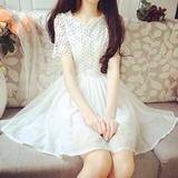 春夏韩版甜美公主风蕾丝蓬蓬收腰连衣裙女可爱学生少女裙子短裙仙