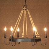 北欧美式乡村麻绳灯复古艺术客餐厅别墅6头蜡烛吊灯饰