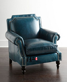 现货美式新古典单人沙发欧式实木皮艺高背椅办公老虎椅接待沙发