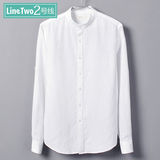 立领衬衫男款亚麻长袖修身纯色小领白衬衫棉麻料圆领休闲白色衬衣
