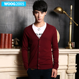 WOOG2005韩版休闲男士毛衣纯色针织衫V领毛衣男开衫英伦薄款外套