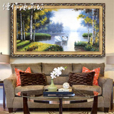 纯手绘油画欧式壁画客厅玄关装饰画有框画树林风景挂画定制天鹅湖