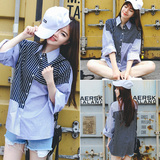 韩版时尚个性立体拼接中长款条纹衬衫女学生前短后长长袖上衣休闲