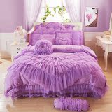 婚庆韩版公主风紫色蕾丝花边床上四件套1.8m床裙式贡缎印花被套