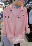 韩国进口正品东大门代购 2016春夏女装挽袖亮片星星粉色条纹衬衫