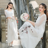 2016春夏原创麻棉印花女装连衣裙民族风中袖白色茶人服假两件套禅