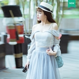 泰国潮牌时尚套装夏季女士吊带雪纺上衣松紧腰网纱半身裙两件套装