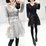 2015冬装新款女装韩版V领短款显瘦收腰针织蓬蓬褶皱印花连衣裙