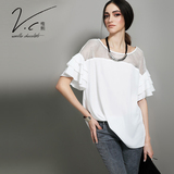 VC欧美2016夏季女装新款短袖上衣白色镂空雪纺荷叶袖中长款t恤女
