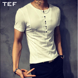 韩版修身男士紧身亚麻短袖T恤时尚休闲男装夏季体恤衫半袖小衫