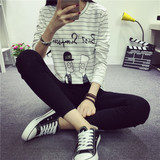 韩版女装秋新款大码印花显瘦条纹衫搞怪卡通可爱休闲印花长袖T恤