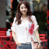 2016夏季新款韩版衬衫女士中袖雪纺上衣显瘦大码女装宽松印花衬衣