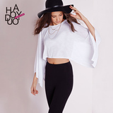 Haoduoyi欧美时尚独特蝙蝠袖纯色上衣 宽松休闲短款露脐长袖女T恤