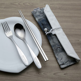 包邮不锈钢筷子叉勺便携餐具套装旅游三件套日式韩式棉麻布袋方筷