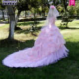 婚纱粉色2015新娘款秋冬性感抹胸韩式花朵款婚纱拖尾1米蓬蓬裙