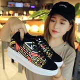 韩版女鞋子学生涂鸦板鞋夏季运动鞋系带平底鞋低帮厚底印花休闲鞋