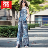 心语泉夏季新款时尚套装女式 印花短袖t恤+显瘦阔腿裤长裤两件套