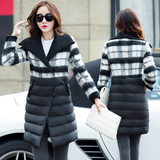 大衣外套2015冬专柜正品修身黑白拼接羽绒棉羊毛毛呢中长款外套女
