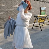 韩国代购2016春秋款新款小清新白色雪纺连衣裙镂空灯笼袖透视长袖