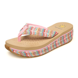 2016夏季新款粉色人字拖女沙滩鞋 夹脚中跟厚底 松糕凉拖鞋防滑