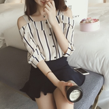 短袖韩版夏季女装常规款新款上衣单件新品条纹学生性感雪纺衫