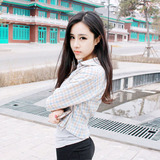 韩国代购衬衫女中短款2015春新款韩版宽松方格子短袖衬衣修身外套