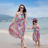 2016夏季新款亲子装 波西米亚显瘦吊带母女连衣裙 海边渡假沙滩裙