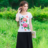 【天天特价】夏季新款民族风大码女装绣花花朵修身棉短袖T恤上衣
