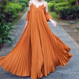 泰国潮牌橙色百褶吊带长裙性感露肩宽松拖地连衣裙海边度假裙夏季